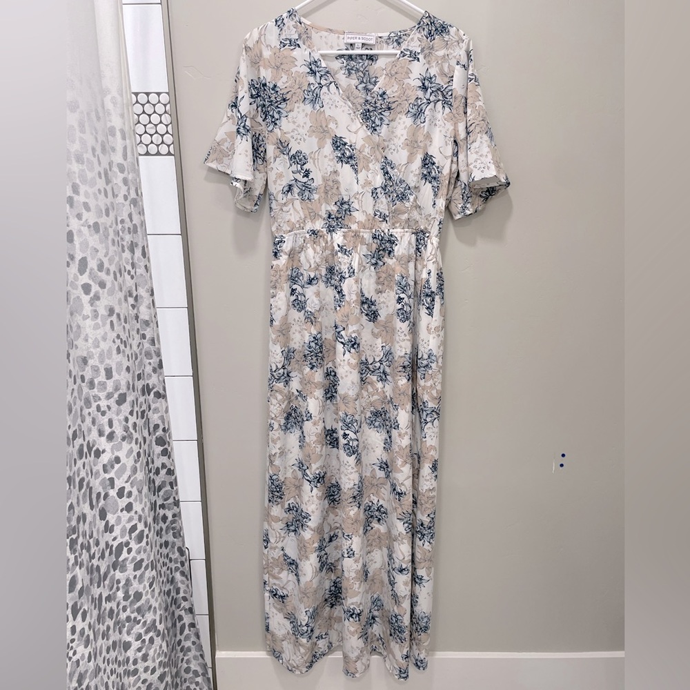 Long wrap dress from piper and scoot size LARGE. Polyester